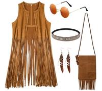 Sintege Set di 5 Accessori per Costume Hippie da Donna Anni '70 '60 Costume di Carnevale Gilet con Frange Hippie da Discoteca Abiti Boho Accessori Hippie per Donna (L)