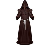 Sintege Veste monaco medievale per Halloween, con cappuccio, costume da sacerdote, costume da mago con guaina corda in vita e collana a croce (marrone, XL)