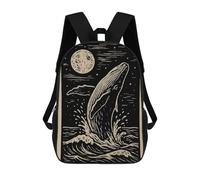 sinyumoney 2 Zaini Whale Breaching at Night Linocut Art Zaino Scolastico Per Bambini Borsa Scolastica Stampata in 3D Borse Scolastiche Per Ragazzi Studenti Delle Scuole Elementari E Medie 17inch