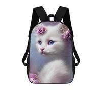 sinyumoney Dangerous Beauty Zaino 3D per bambini e ragazze, borsa da scuola, zaino per bambini piccoli, zaino casual, borsa per libri alla moda, Gatto bianco con fiori, 17"