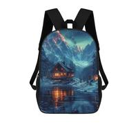 sinyumoney FirePlace Wonderland Zaino scolastico stampato 3D, zaino casual per bambini, borsa scolastica stampata 3D, per ragazzi, scuola primaria e college, Snowy Nature Aurora Cabin, 17"