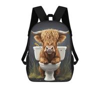 sinyumoney Godlike Pug - Zaino scolastico per bambini, con stampa 3D, per ragazzi e ragazze, grande capacità, Highland Cow On The Toilet, 17"