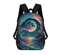 sinyumoney Ocean Wave Moonship Zaino Scolastico Stampato in 3D Per Bambini, Zaino Scolastico Casual Alla Moda Per Bambini Studenti 17inch