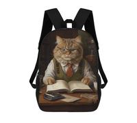 sinyumoney Owl Watercolor Zaino scolastico per ragazze e ragazzi, zaino con tasca, zaino alla moda per bambini, Fat Cat Reading Book Cute, 17"