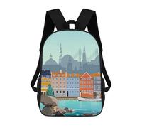 sinyumoney Smiling Fox with Coffee Zaino scolastico per bambini stampato 3D, ideale per viaggi e letture, per ragazzi e studenti delle elementari, Copenhagen Travel Print, 17"