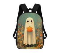 sinyumoney Spooky Ghost Ride - Zaino scolastico per bambini con stampa 3D, ideale per viaggi e libri, Cute Ghost With Pumpkin In Flower Field, 17"