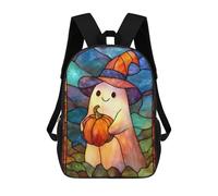 sinyumoney Spooky Ghost Ride - Zaino scolastico per bambini con stampa 3D, ideale per viaggi e libri, Halloween Ghost With Pumpkin Stained Glass, 17"