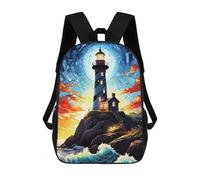 sinyumoney Stained Glass Cherry Blossom Zaino Scuola Per Bambini Stampato 3D, Ideale Per Viaggi E Libri, Lighthouse On A Rocky Coast, 17"