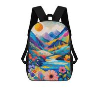 sinyumoney Zaino 3D Per Bambini Cute Snow Leopard Cub in Mountains Watercolor Borse Stampate Borsa Scuola Zaino Leggero Zaino Alla Moda E Divertente Per Bambini, Vibrante Mountain Valley Painting, 17"