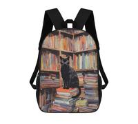 sinyumoney Zaino 3D Per Bambini Halloween Cat & Moon Borse Stampate Borsa Scuola Zaino Leggero Zaino Alla Moda E Divertente Per Bambini, Black Cat In A Library, 17"