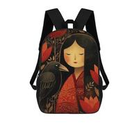 sinyumoney Zaino scolastico stampato in 3D per bambini cute whimsical Sheep zaino scolastico per bambini, borsa da viaggio, borsa per libri alla moda, grande capienza, Cute Kokeshi Girl With Raven, 17