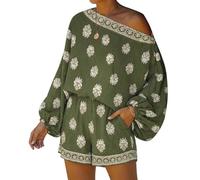 Sinyuyong Completo Boho da donna in 2 pezzi, top in lino con maniche a lanterna, spalle scoperte e pantaloncini a vita alta for le vacanze al mare(Green,M)