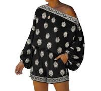 Sinyuyong Completo Boho da donna in 2 pezzi, top in lino con maniche a lanterna, spalle scoperte e pantaloncini a vita alta for le vacanze al mare(Black,XL)