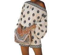 Sinyuyong Completo Boho da donna in 2 pezzi, top in lino con maniche a lanterna, spalle scoperte e pantaloncini a vita alta for le vacanze al mare(White,M)