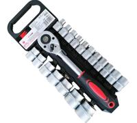SIO Set di chiavi a bussola e cricchetto da 1/2", 19 pezzi, 8-32 mm, set professionale CR-V con cricchetto reversibile, bussole esagonali incise, manico antiscivolo, kit officina meccanica