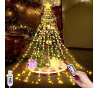 SIOOUI Decorazioni natalizie a forma di stella, 9 pezzi, 2 m, luci a cascata, 198 LED, 8 modalità, impermeabili, luci LED USB con puntale a stella, per albero, giardino, feste, festival (bianco caldo)