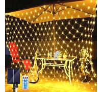 SIOOUI Rete di luci solari per esterni, 1,5 m x 1,5 m, 100 LED, 8 modalità di illuminazione a energia solare, con telecomando, per giardino, recinzione, cortile, decorazione (bianco caldo)