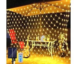 SIOOUI Rete di luci solari per esterni, 1,5 m x 1,5 m, 100 LED, 8 modalità di illuminazione a energia solare, con telecomando, per giardino, recinzione, cortile, decorazione (bianco caldo)