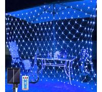 SIOOUI Rete di luci solari per esterni, 1,5 m x 1,5 m, 96 LED, 8 modalità, luci a rete ad energia solare con telecomando, per decorazione da giardino, recinzione, cortile (blu)
