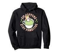 Sip Happens Resta Pawsitive Cute Cat Matcha Pun Felpa con Cappuccio