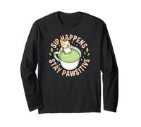 Sip Happens Resta Pawsitive Cute Cat Matcha Pun Maglia a Manica