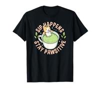 Sip Happens Resta Pawsitive Cute Cat Matcha Pun Maglietta