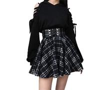 SIPEIEN Gonna a quadri A-line da donna, gotica, a vita alta, plissettata, a sbuffo, corta, mini, skater, Nero , XL