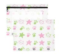 siphylline Astuccio con 3 occhielli rinforzati, per lettere formato A4, confezione da 2, per insegnanti, ritorno a scuola, cartone animato, simpatico gatto, verde, zampa e stelle rosa