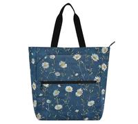 siphylline Borsa tote per bambini e adulti, con piccoli fiori blu denim, resistente all'acqua, borsa per la spesa con cerniera per scuola e tempo di gioco