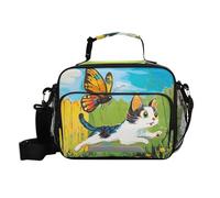 siphylline Cat Chasing A Colorful Butterfly Lunch Box per gli uomini Borsa per il pranzo regolabile con portabottiglie d'acqua con tracolla Boy University