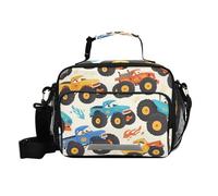 siphylline Divertente scatola per il pranzo beige con auto e camion dei cartoni animati per uomo con tasca grande lunch box box con tracolla per adolescenti all'aperto