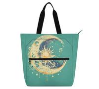 siphylline Graziosa borsa tote per ragazzi, ragazze e adulti, stile bohémien, sfondo verde sole e luna, robusta borsa da spiaggia per la scuola, la spiaggia, la spesa, per la scuola, lo shopping