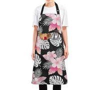 siphylline Grembiule da cucina regolabile con 2 tasche, 89 cm, resistente all'acqua e all'olio, grembiule da giardino unisex con foglie tropicali e fiori, rosa e nero