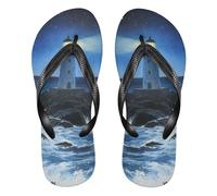 siphylline Infradito in gomma blu scuro del faro dell'onda del mare degli uomini Quick-Dry flop per gli uomini per le vacanze, Faro blu scuro con onde del mare, Large