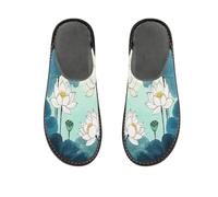 siphylline Pantofole morbide cinesi della casa della ninfea della pittura dell'inchiostro per le donne della schiuma di memoria delle signore delle scarpe per interni, Ninfea cinese della pittura a