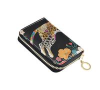 siphylline Portafogli per carte di credito in pelle Art Deco con leopardo colorato e fiori per gli uomini Con 9 slot per carte RFID Blocco titolare della carta delle donne con cerniera