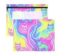 siphylline Scatola per matite robusta a 3 fori per raccoglitori a 3 anelli, confezione da 2 pezzi, per insegnanti, università, arte viola, onde misteriose, gatto