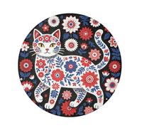 siphylline Tappeto rotondo a pelo lungo per dormitorio Folk Art Floral White Cat