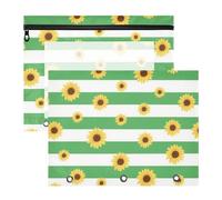 siphylline Trousse per cosmetici, con 3 occhielli rinforzati, per lettere formato A4, confezione da 2 pezzi, per studenti, forniture artistiche, colore verde e bianco a righe, girasole