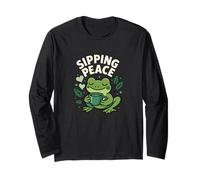 Sipping Peace Frog Tea Cozy Calm Grafica estetica Maglia a Manica