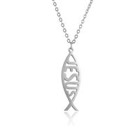 SIPURIS Ichthys - Collana con ciondolo a forma di pesce di Gesù e orecchini a forma di pesce cristiano, collana Ichtus, regalo religioso cristiano, Acciaio inossidabile, Nessuna pietra preziosa