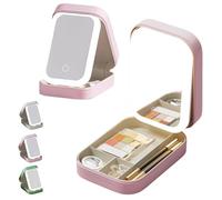 SiQiYu LED Three-Color Adjustable Makeup Mirror, Rechargeable Travel Makeup Case with Lighted Mirror, Lighted Makeup Mirror with Organizer Box, Makeup Mirror with Light for Women (Pink)