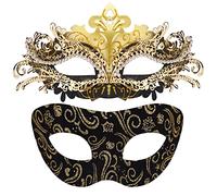 SIQUK 2 Pezzi Maschere Veneziana Coppia Maschera Mascherata Maschera Occhio Veneziano Maschere da Ballo Maschera Mascherata Donna Uomo per Halloween Carnevale, Nero & Oro, Taglia unica