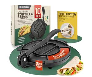 SIRCLES Prensa Para Tortillas - Pressa per tortilla in ghisa, extra large, resistente, 25,4 cm, per eBook 50 ricette, 5 piedini in gomma antiscivolo, pre-stagionata
