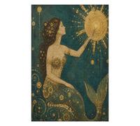 Sirena che tiene il sole Puzzle 1000 Pezzi in Legno, Sfida di Montaggio | Art Nouveau, Mare Celeste, Linee botaniche, Scena Decorativa, Struttura in Legno, Rompicapo, Gioco Familiare