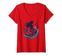 Sirena del Mare: Incantevole Melodia della Sirena Maglietta con Collo a V, Donna, Rosso, L