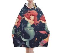 Sirenetta - Coperta con cappuccio super morbida indossabile per uomini e donne, calda, alla moda, accogliente, in flanella, con cappuccio, coperta oversize con tasca per il massimo comfort, Grafica.,