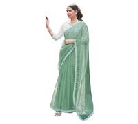 SIRIL Sari da donna Shimmer Net Pearl Work Lace Boarder con camicetta non cucita pezzo, Verde Pista, taglia unica