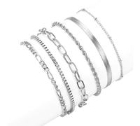SIRLOMU 6 Pz Braccialetti per Donna 14 Carati Placcato Oro Twist Figaro Regolabile Set di Gioielli Moda (Argento)
