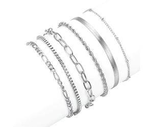 SIRLOMU 6 Pz Braccialetti per Donna 14 Carati Placcato Oro Twist Figaro Regolabile Set di Gioielli Moda (Argento)